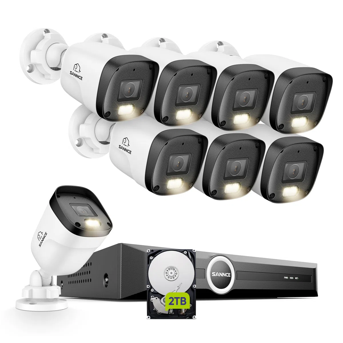 SANNCE Kit Camaras de Vigilancia PoE, 5MP Nvr 8ch 2K/3MP 8 Cámaras IP PoE Exterior/Interior con Leds IR Inteligentes, Detección de Movimiento, Visión Nocturna en Color de 65 Pies, Disco Duro de 2TB