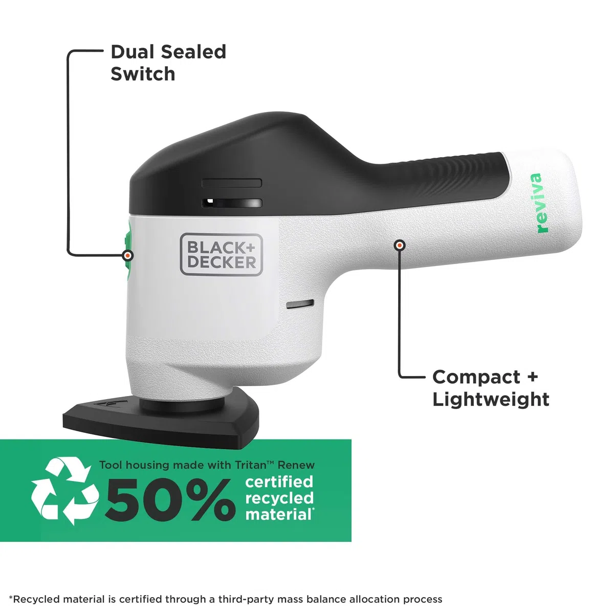 BLACK+DECKER Reviva - Lijadora inalámbrica ecológica de 12 V hecha de 50% material reciclado para toques finales a necesidades de bricolaje, REVDS12C-GB
