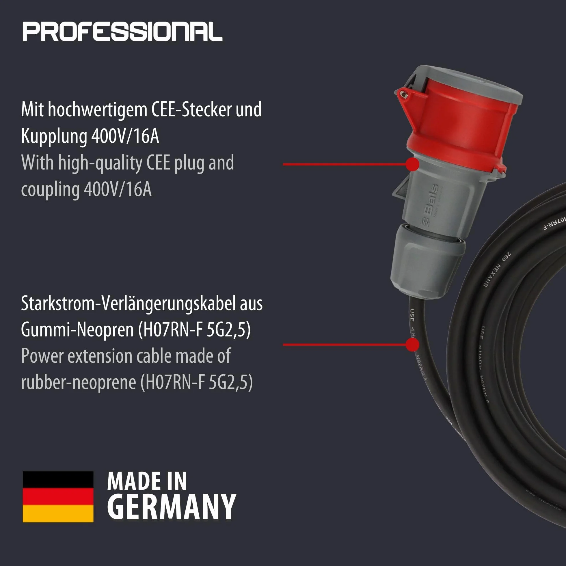 Brennenstuhl Professional Cable alargador de Enchufe CEE 400V/16A (Cable de 10 m, 5 Polos, Conector CEE, para Uso en Exteriores, Fabricado en Alemania) Negro
