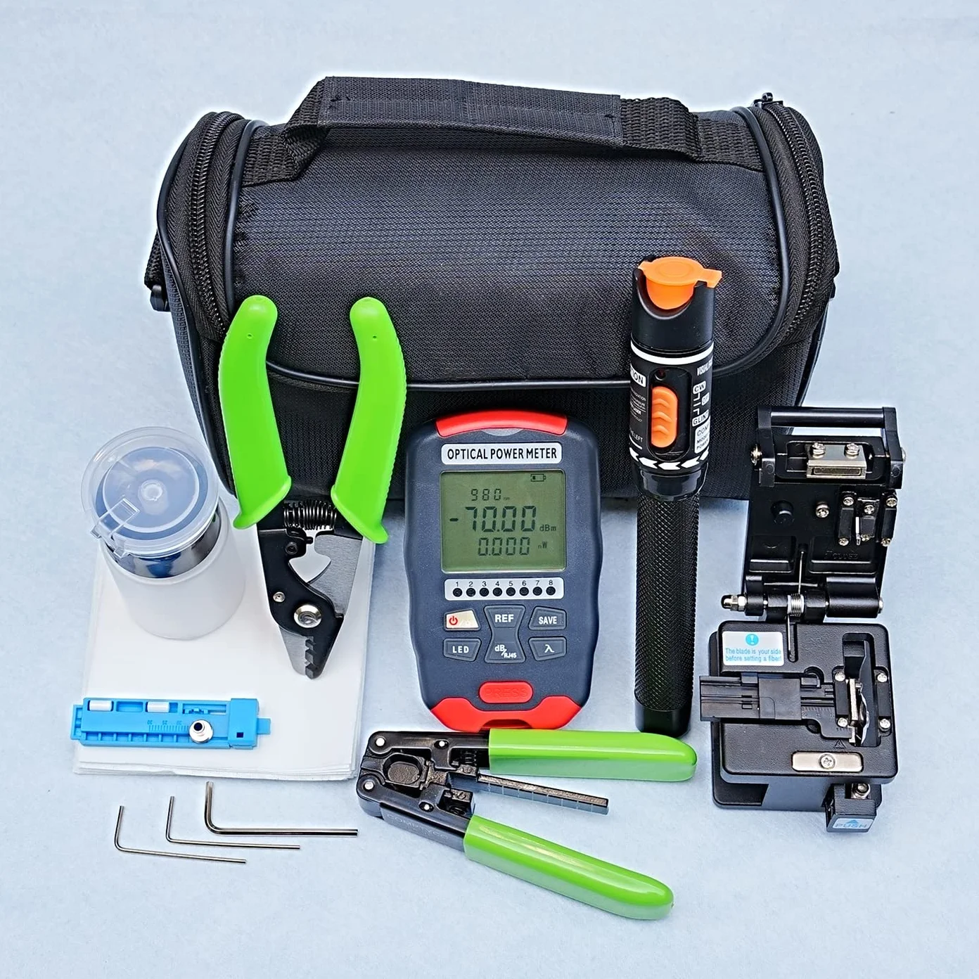 Kit de herramientas para fibra optica FTTH Kit de herramientas con medidor de potencia óptica con RJ45 y visual localizador de fallos cortadora fibra optica peladora de fibra