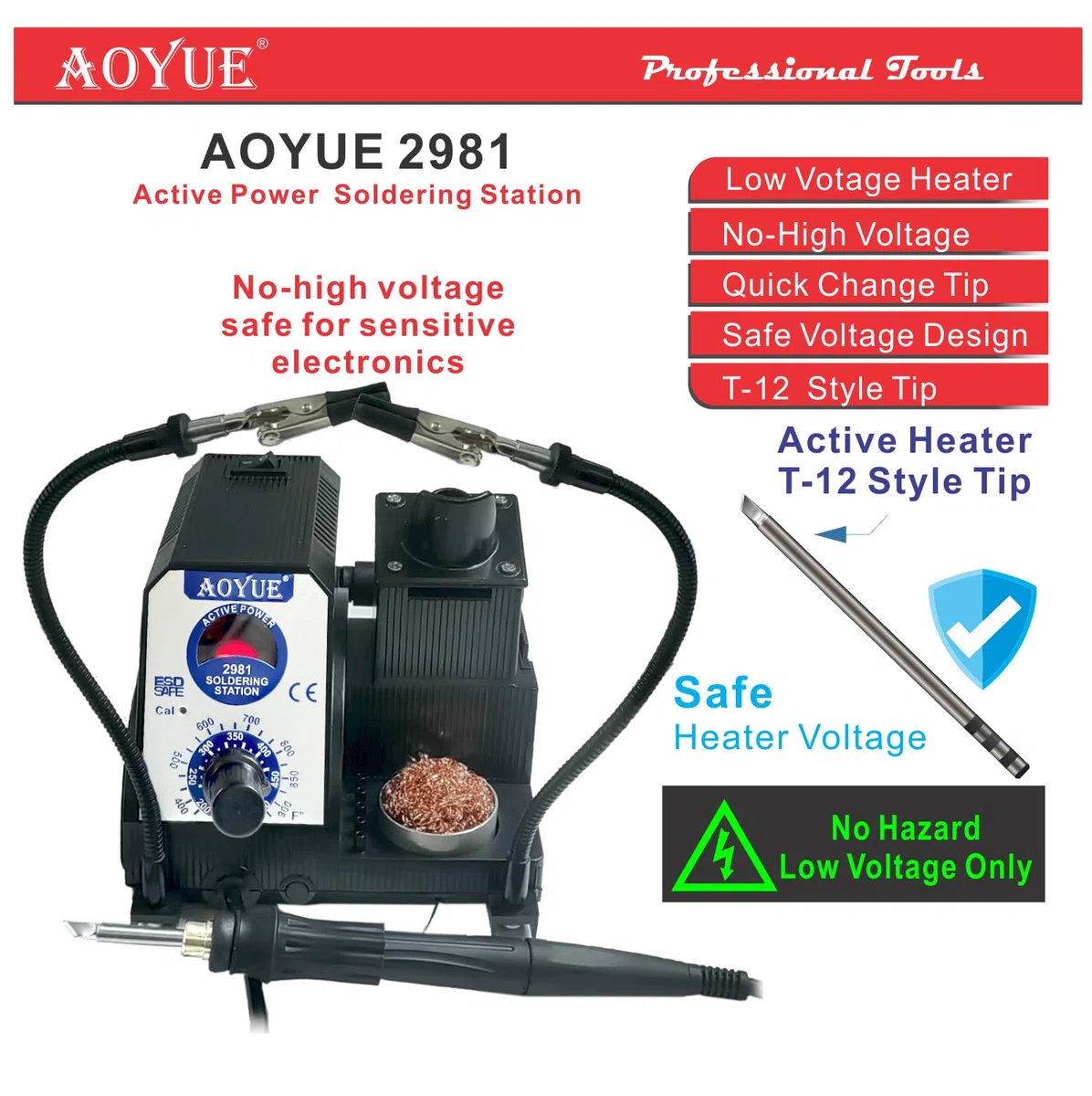 Aoyue 2981 - Kit de estación de soldadura de precisión de calentamiento rápido compatible con puntas de alimentación activas estilo T-12, voltaje seguro de 12 V, limpiador de puntas, soporte de bobina