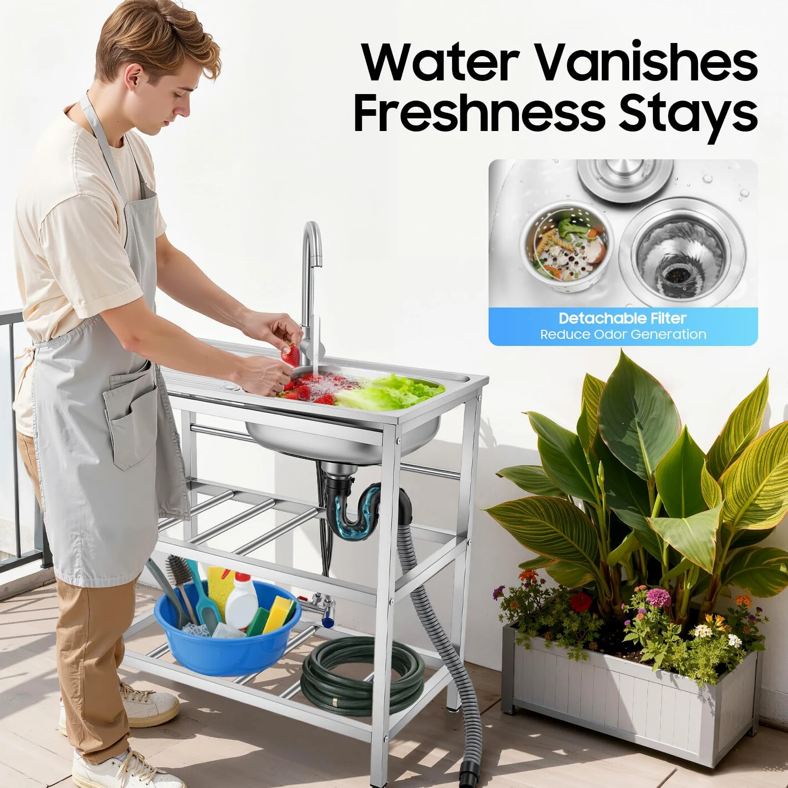 Fregadero de cocina independiente para exteriores, fregadero de acero inoxidable, grifo de lavabo, encimera multifuncional, fregadero, fregadero de agua para cocinas, cafés y bares (75 x 40 x 78 cm)