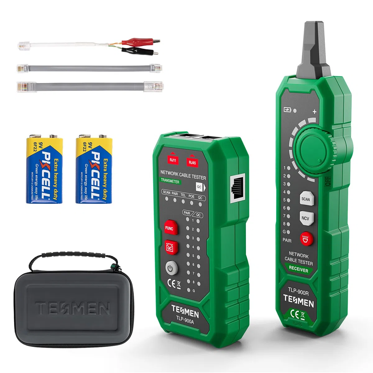 TESMEN TLP-900AR Comprobador de cables de red, RJ11 RJ45, para CAT5/6/POE/STP, con emparejamiento, Continuidad, QC&NCV, apto para Ethernet, Teléfono, mantenimiento y clasificación de cables -verde