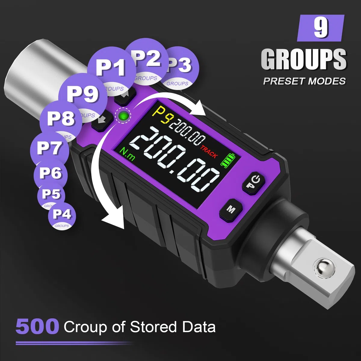 ANPUDS Adaptador de Par Digital 1/2" (4-200 Nm), Alta Precisión ±2%, Llave Dinamométrica Electrónica con Adaptadores 3/8" y 1/4", Medidor de Torque con Pantalla LCD para Coche, Moto y Camioneta