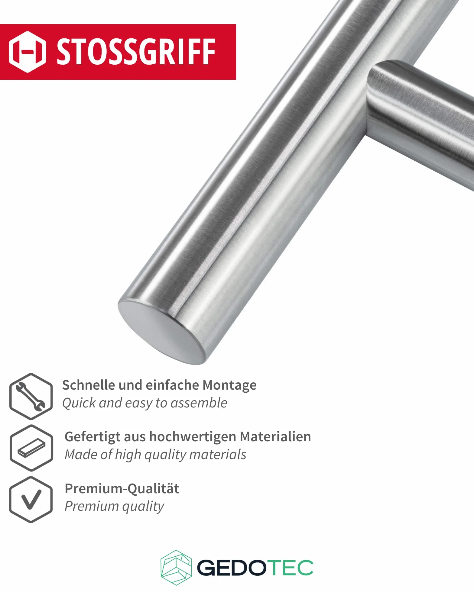 Gedotec Puerta delantera tiradores redondos rectos de acero inoxidable - HE10008 | Longitud 600 mm | Distancia entre agujeros 400 mm | Mango de barra Ø 30 mm | diseño material sujeción - 1 pieza