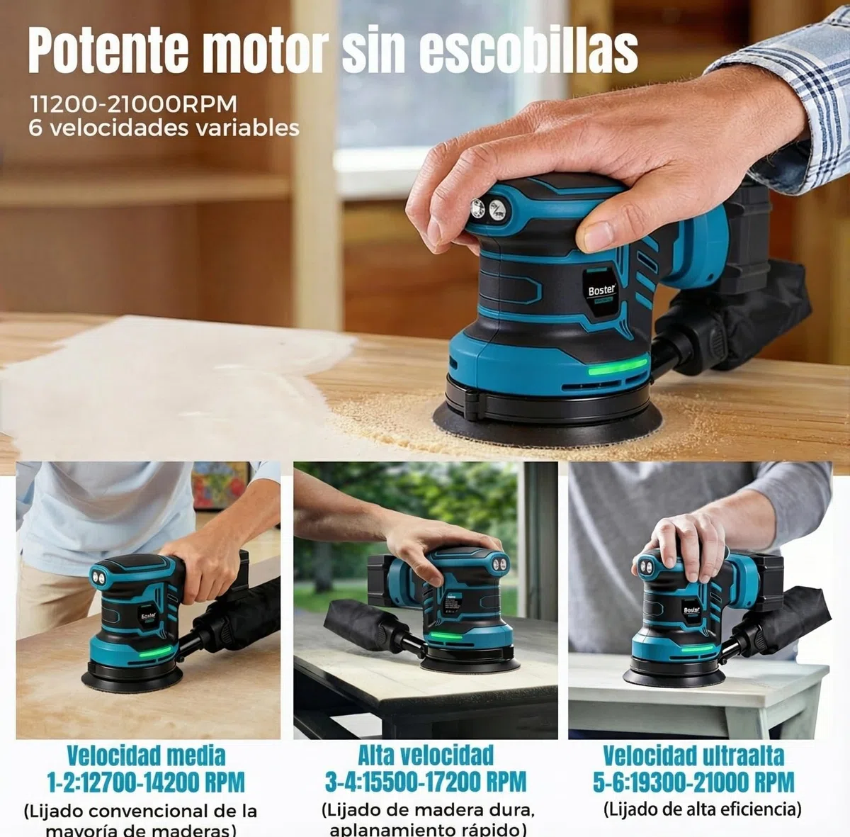 Bostar Lijadora Excéntrica Batería 18V, Ø125mm Motor Brushless, 2 Baterías 3.0Ah, Max. 21000 RPM, 6 Velocidades, Bolsa Polvo, Lijadora Orbital Inalámbrica Madera y Coche, Compatible Makita 18V