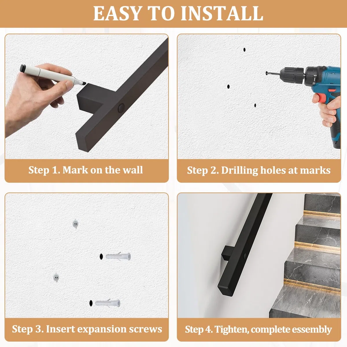 Pasamanos de pared para escaleras exteriores o interiores, 1m 1,5m 2m 2,5m 3m 6m barandilla de escalera antideslizante de hierro forjado moderno, barra de apoyo de tubo cuadrado negro(120cm)