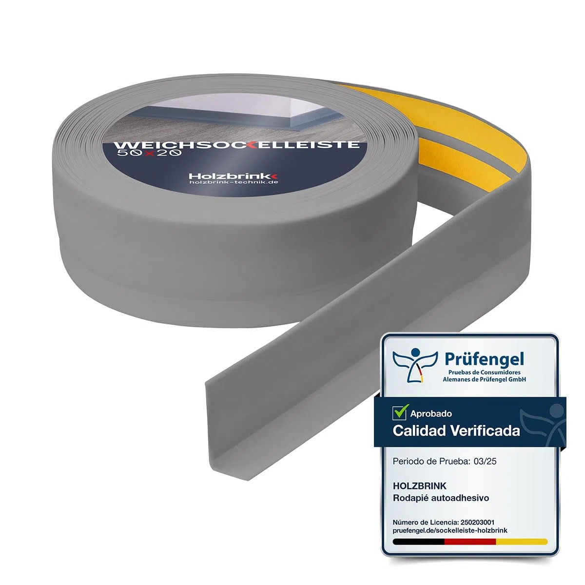 HOLZBRINK Rodapie PVC adhesivo 50x20mm, 25 m | Rodapie flexible para encimera cocina, esquineras pared de baño | Cantoneras adhesivas | Color: gris claro