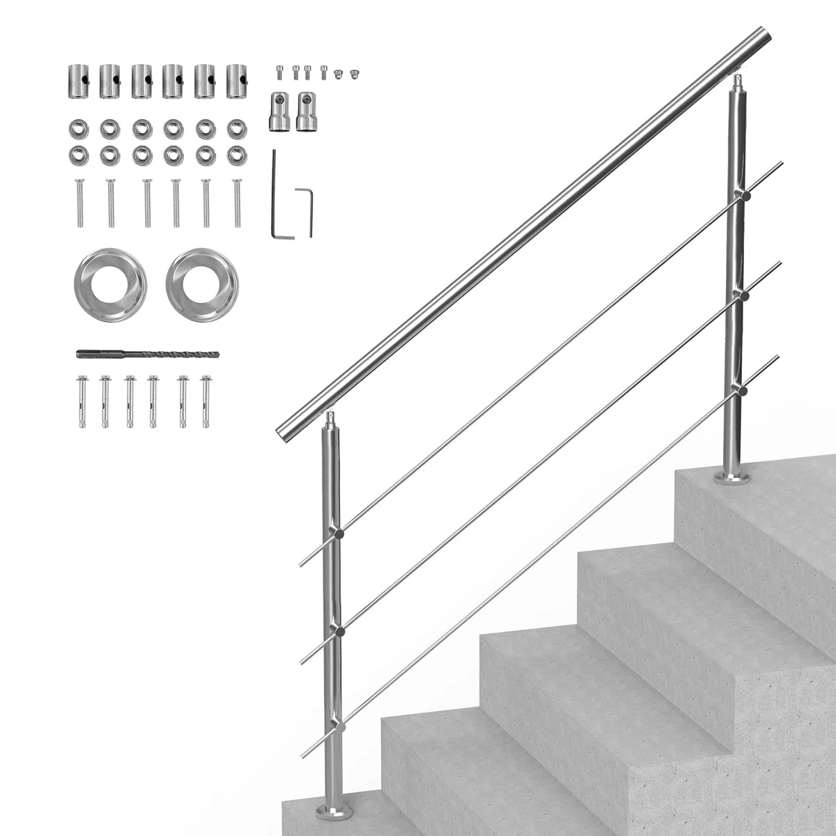 VEVOR Pasamanos de Escalera 150 cm Barandilla de Escalera para Escalones Exteriores de Acero Inoxidable 3 Travesaños con Kit de Instalación Barra de Agarre para Personas Mayores, Porche, Patio