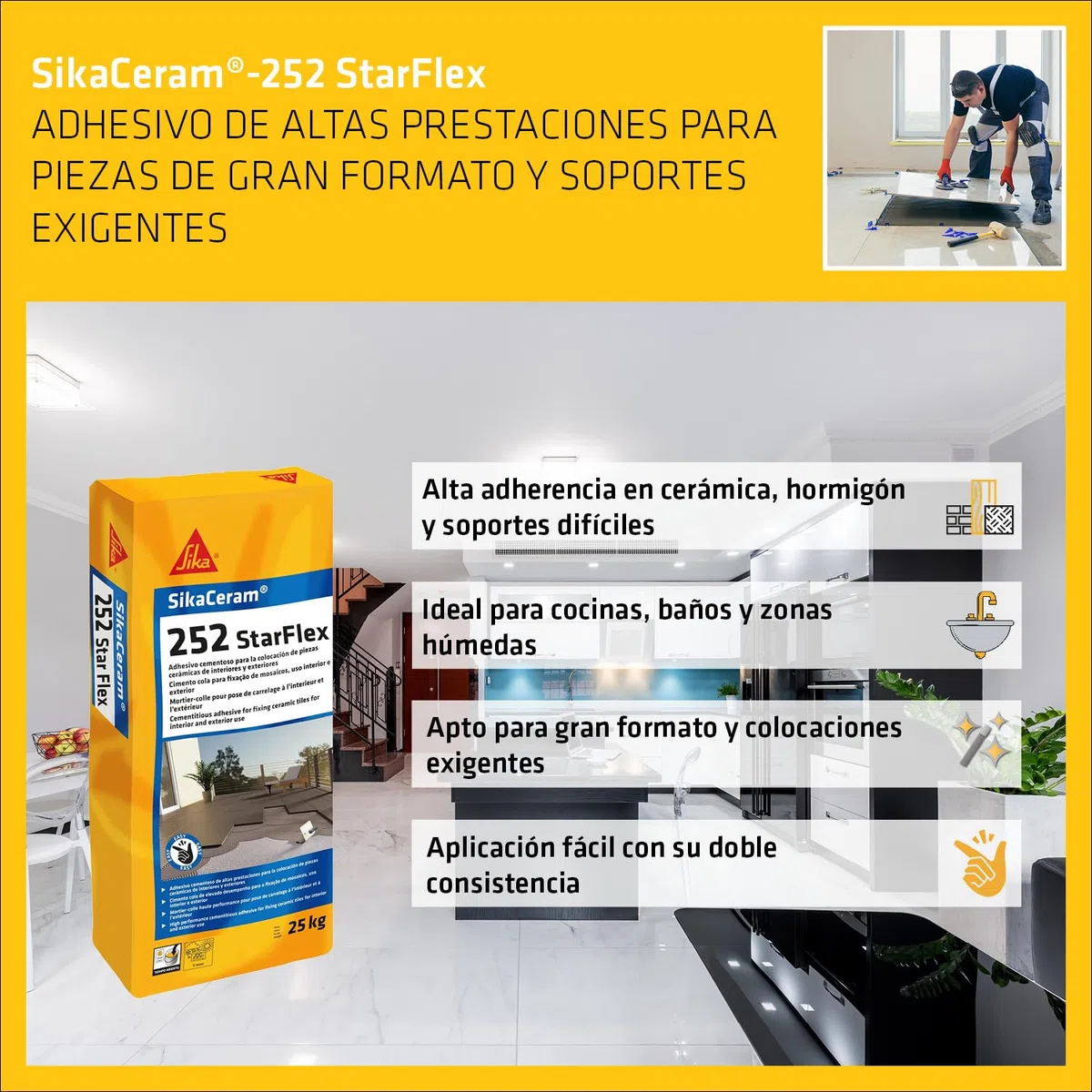 SIKA - Adhesivo cementoso de consistencia variable de altas prestaciones - SikaCeram-252 StarFlex - Gris - Deformable - Para la colocación de piezas cerámicas de tamaño medio a gran formato - 25kg
