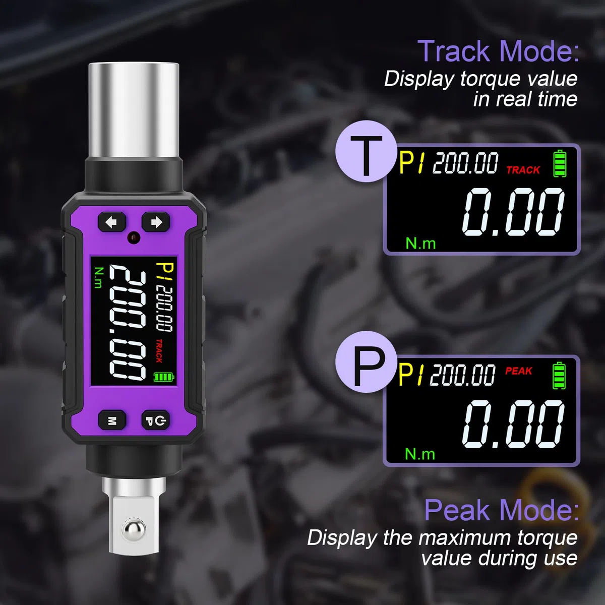 ANPUDS Adaptador de Par Digital 1/2" (4-200 Nm), Alta Precisión ±2%, Llave Dinamométrica Electrónica con Adaptadores 3/8" y 1/4", Medidor de Torque con Pantalla LCD para Coche, Moto y Camioneta