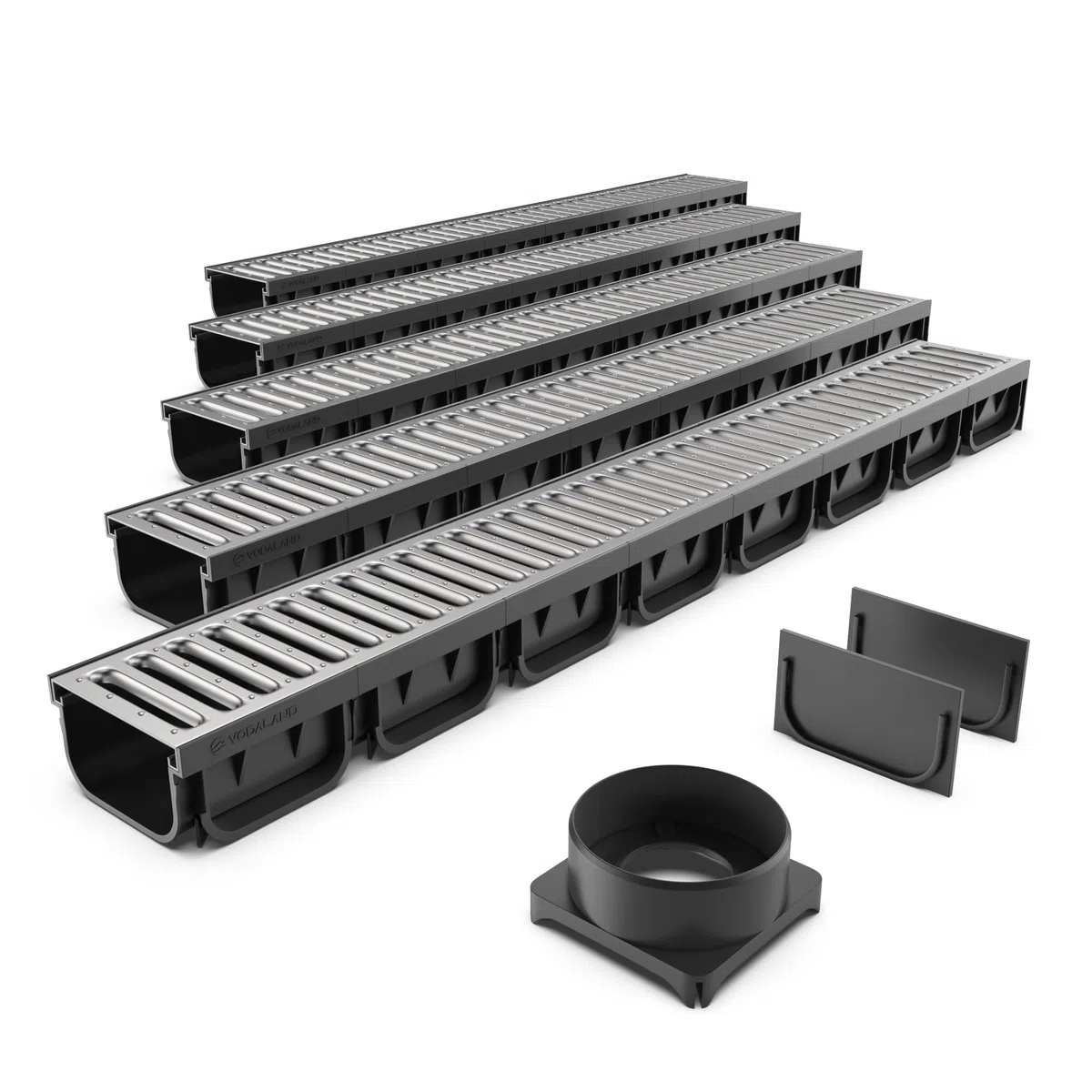 VODALAND - Canaleta de Desagüe Easy 2 con Rejilla de Acero Galvanizado - Kit de 5 Metros para Drenaje de Jardín y Aguas Pluviales | Alta Resistencia para Recoger Agua | Ideal para Terraza