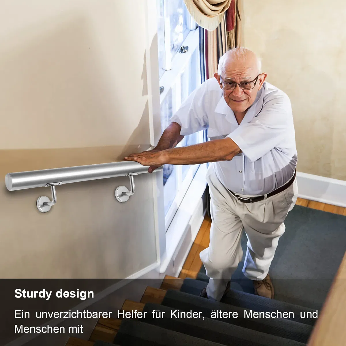 Fiqops Pasamanos de acero inoxidable, 150 cm de diámetro, 42 mm de diámetro, pasamanos de pared, escaleras para exterior e interior, estable, incluye soportes de pared, material de montaje