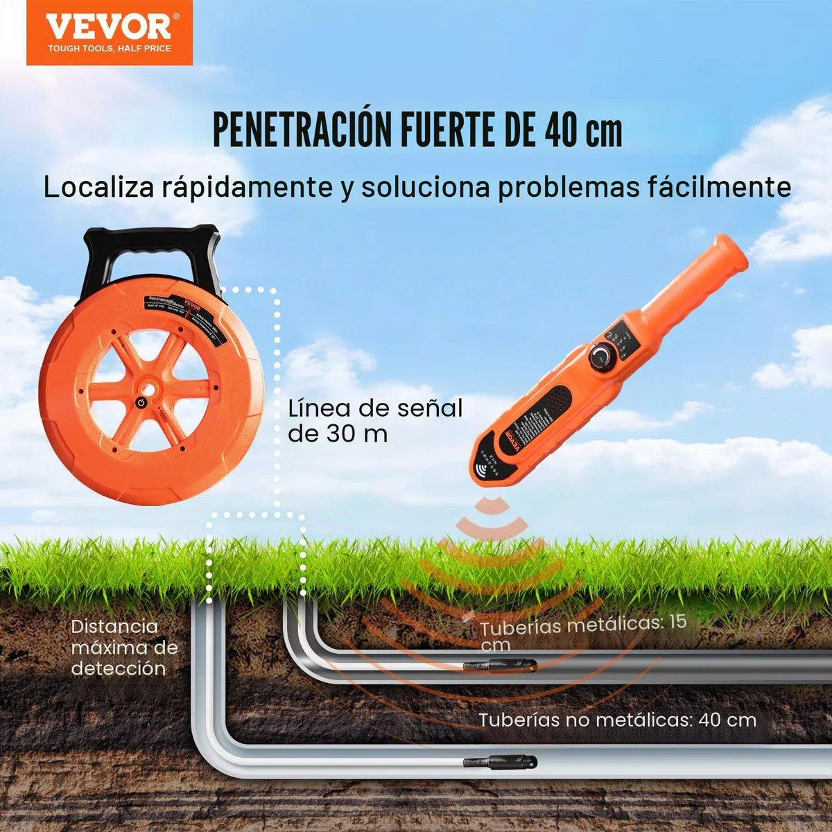 VEVOR Detector de bloqueo de tuberías Localizadores de tuberías 30m Impermeable IP67 Sensibilidad ajustable Escáner de pared de alcantarillado Herramienta de plomería para tubos de metal plástico PVC