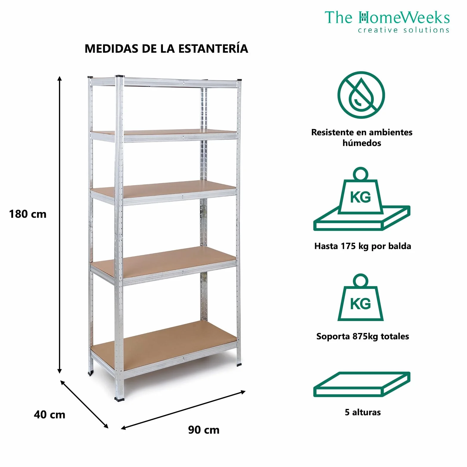 The Homeweeks Pack 2 Estanterías Almacenaje Metálicas 180 * 90 * 40cm | Acero Galvanizado | Modular 5 Baldas Ajustables | 175 kg por Estante 875 kg Total | Montaje Suelo | System Click & Push