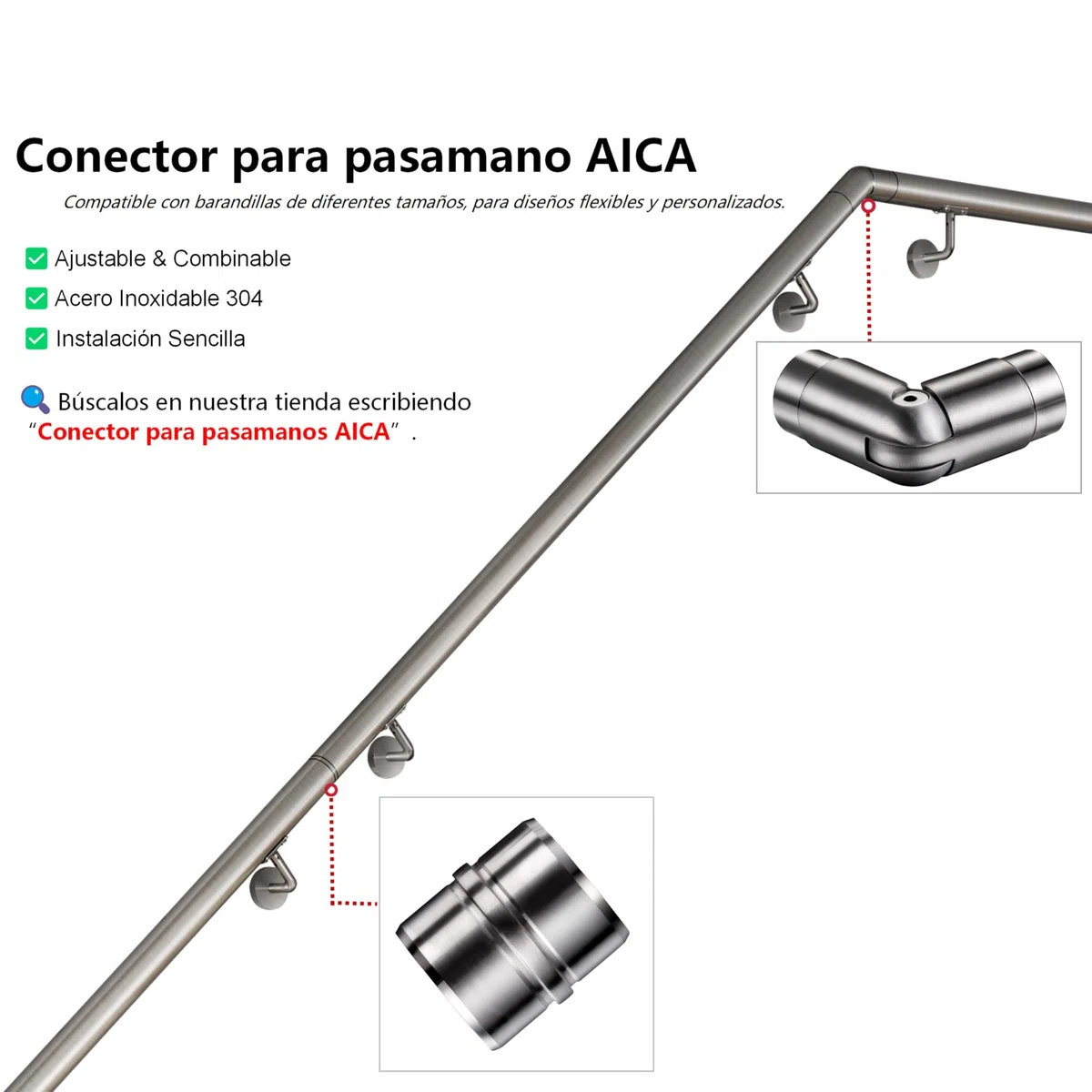 AICA Barandilla de acero inoxidable 304, pasamanos de pared, para exterior e interior, longitud: 180 cm