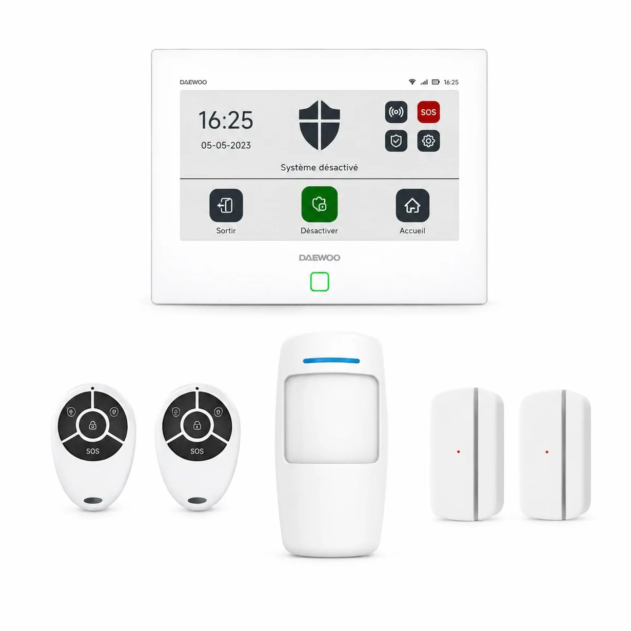 Daewoo Security Pack Alarma AM302, Central de Pantalla táctil de 7 Pulgadas, Detector de Movimiento Apto para Animales, contactores de Puerta y Mando a Distancia. Sirena y batería integradas. Control