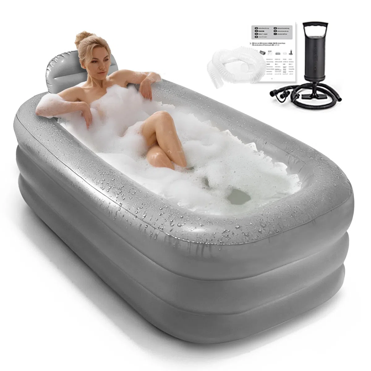 Nevife Bañera Hinchable Portátil para Adultos–Alta Capacidad, Plegable con Bomba Manual–Spa en Casa:Baño Helado o Agua Caliente–Ideal para Piso Pequeño,Alquiler,Balcón o Terraz,160x90cm (Gris Claro)