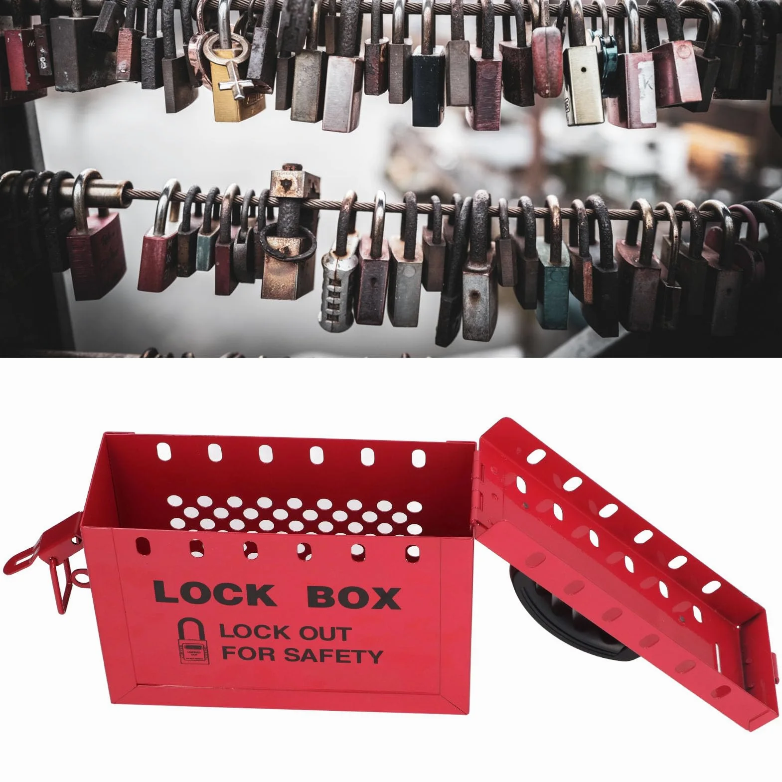 Caja de Bloqueo de Grupo de Etiquetado y Bloqueo, Caja de Candado de Seguridad Portátil, Caja LOTO con Tapa con Bisagras y Pestillo, Caja de Bloqueo Roja de Acero Inoxidable