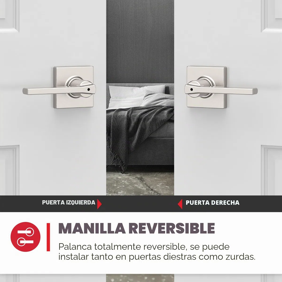 Kwikset Casey - Tirador de puerta interior con cerradura, palanca de puerta para baño y dormitorio, cerradura giratoria reversible sin llave, níquel satinado, con protección Microban