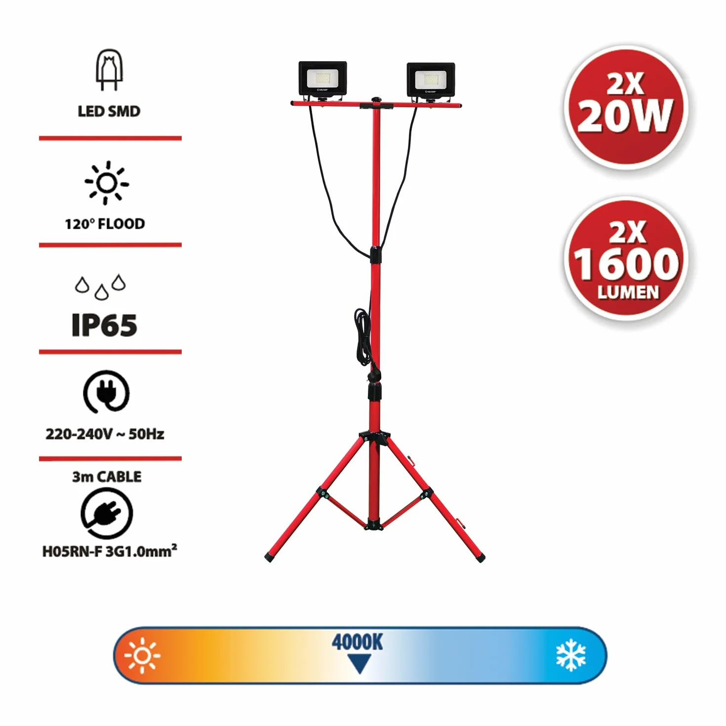Velamp CABEZAL DOBLE: 2 luces de trabajo LED SMD de 20 W + trípode