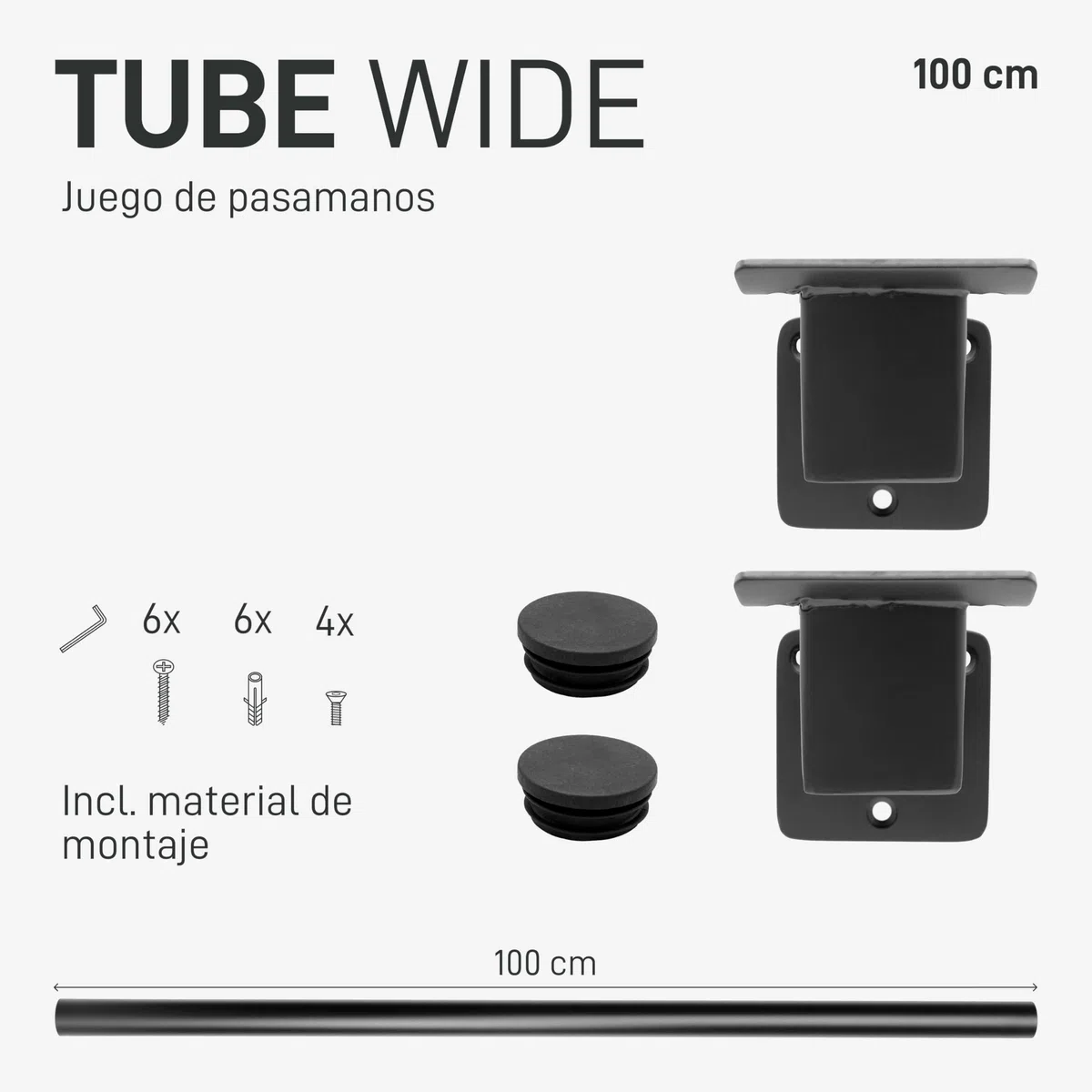 Natural Goods Berlin Juego de pasamanos Tube, pasamanos para escaleras, color negro, 100 cm y 2 soportes anchos, barandilla para escaleras exteriores, pasamanos con recubrimiento de polvo, barra de