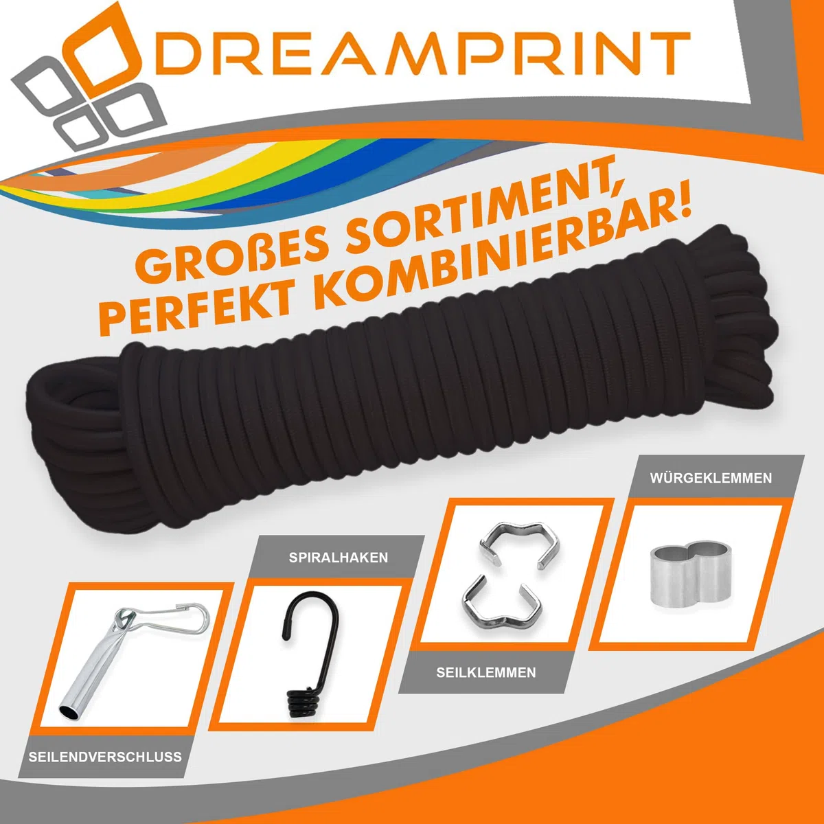 Dreamprint Cuerda elástica de 100 m, color negro, 8 mm Ø - Cuerda de goma, cuerda plana, cuerda elástica para interiores y exteriores - Resistente a la intemperie y a la rotura - Ideal para la