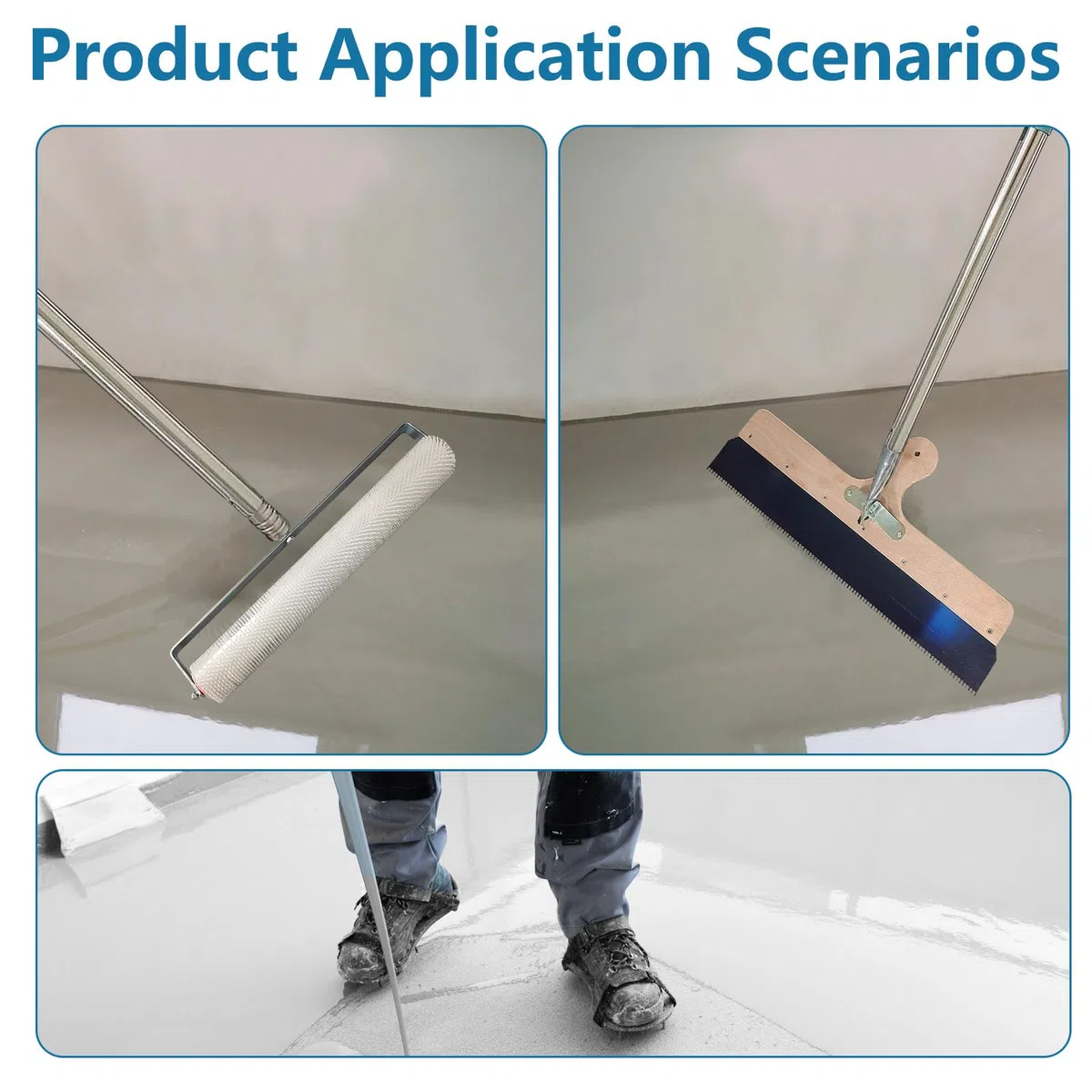Kit de herramientas de cemento autonivelante, herramienta de pintura epoxi para suelos con mango extendido extraíble de 1,6 m de largo, raspador de madera, rodillo con pinchos, zapatos con pinchos
