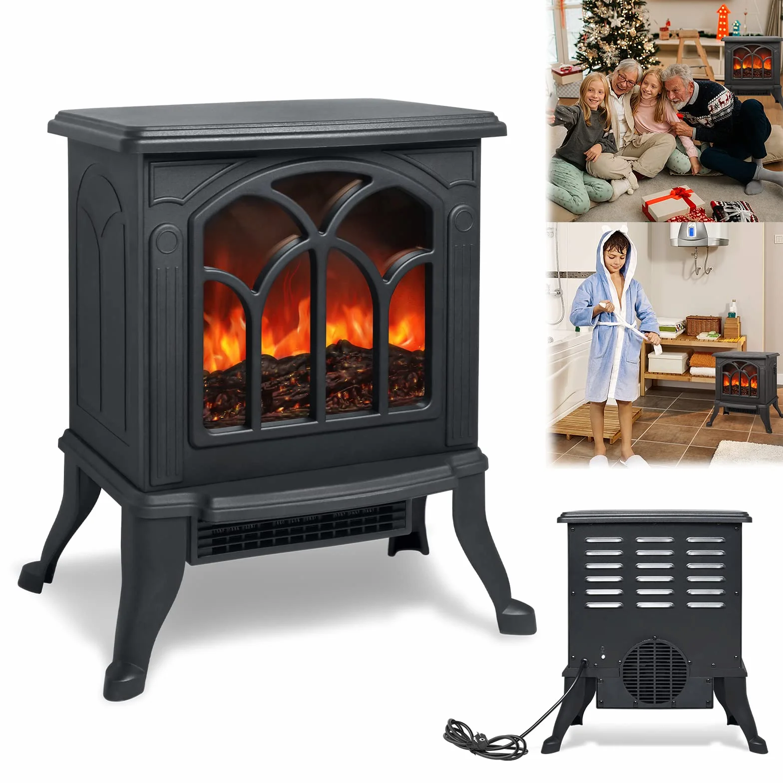 LZQ Chimenea eléctrica con calefacción, horno eléctrico portátil, chimenea eléctrica, chimenea eléctrica LED, calefacción 750W/1500W con efecto de llama, chimenea decorativa, color negro