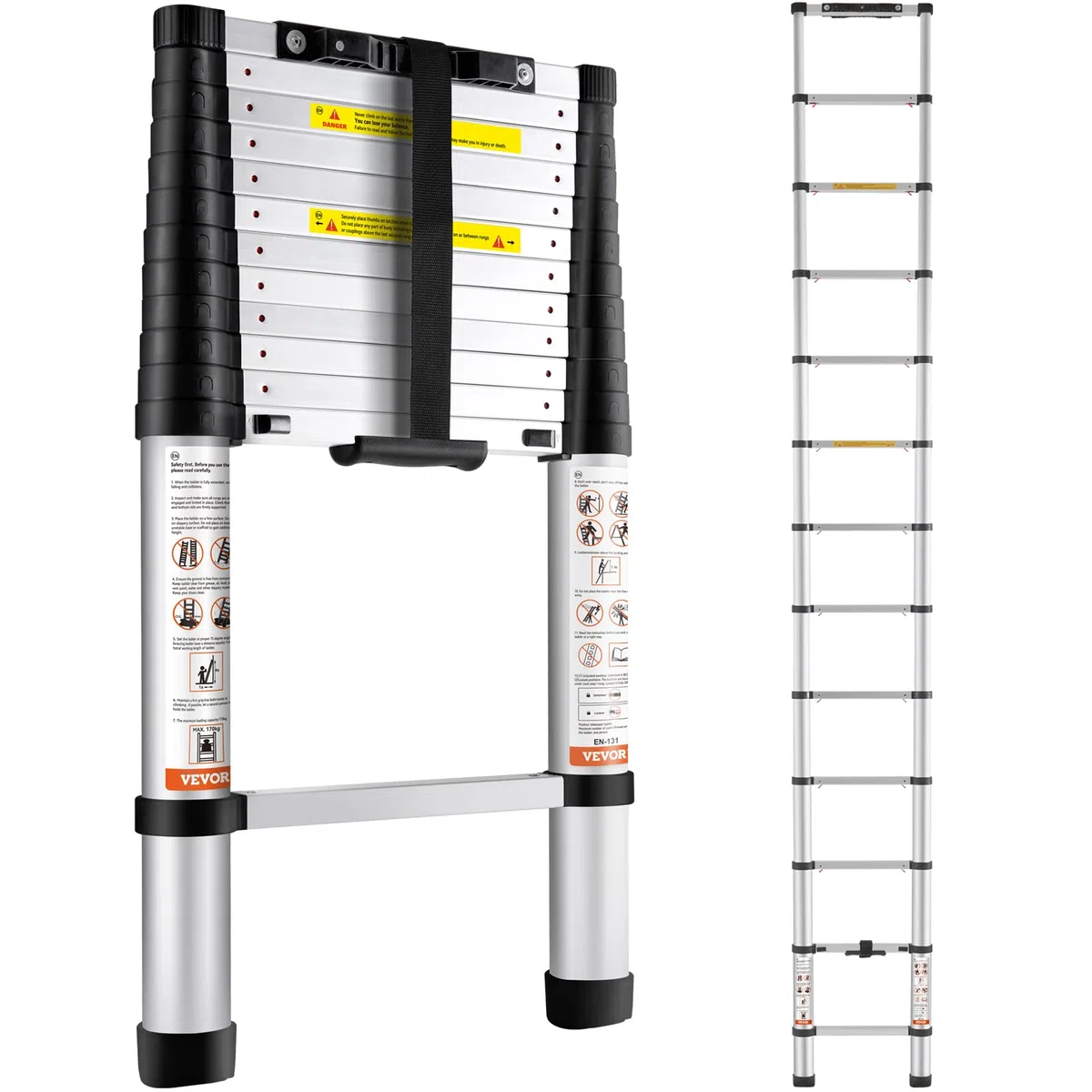 VEVOR Escalera Telescópica de Aluminio Altura de 380cm Escalera de Extensión Plegable Portátil Capacidad de 170kg con Pies Antideslizantes 1 Botón de Retracción para Reparaciones de Hogar Autocaravana