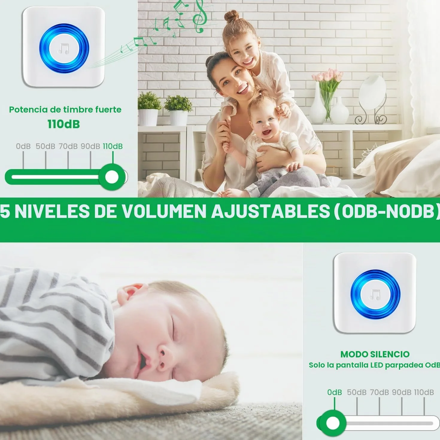 Satisure Timbre inalámbrico para exteriores, 4 receptores y 2 transmisores, 400 m/1300 pies, 58 melodías, timbre de puerta de casa para jardín, casa, oficina