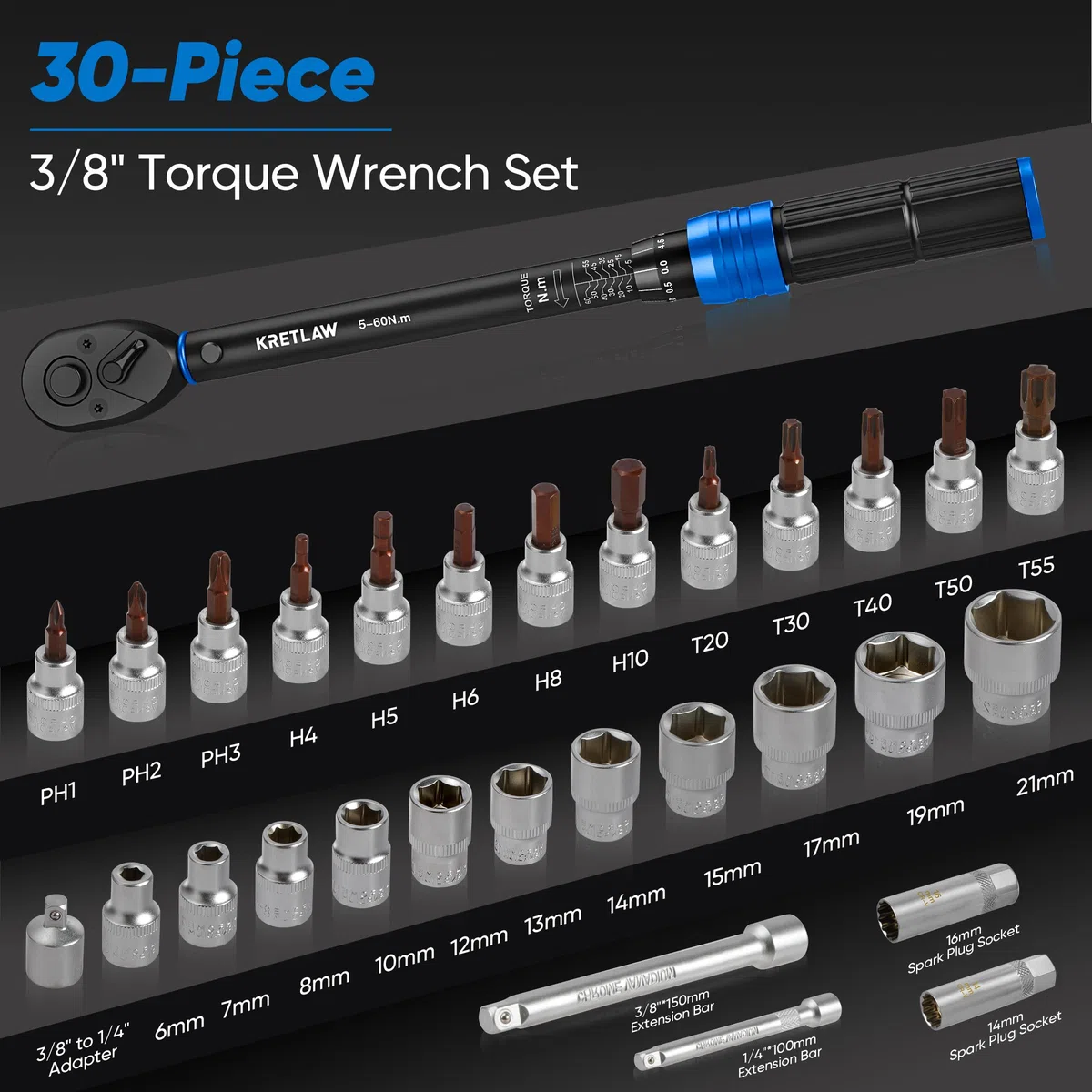 KRETLAW Juego de Llave Dinamométrica de 30 Piezas, Llave de Torque de 3/8" (5-60 Nm), Trinquete de 72 Dientes, Precisión ±3% con Extensiones, Vasos y Adaptador