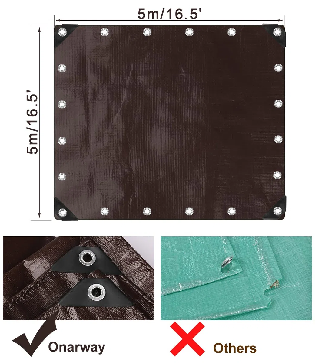 Onarway Lona impermeable y resistente: 5 m x 5 m, 150 g/m², impermeable, con ojales reforzados, lona multiusos para exteriores, color marrón y negro