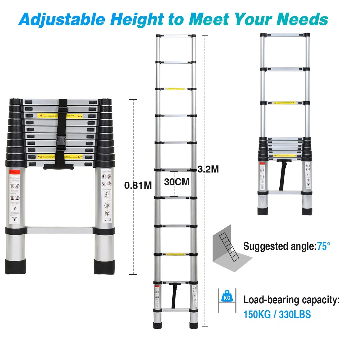 Escalera telescópica de Aluminio de 3,2 m, Interruptor de Seguridad de Varios Niveles, portátil, Antideslizante, Multiusos, Carga máxima de 150 kg