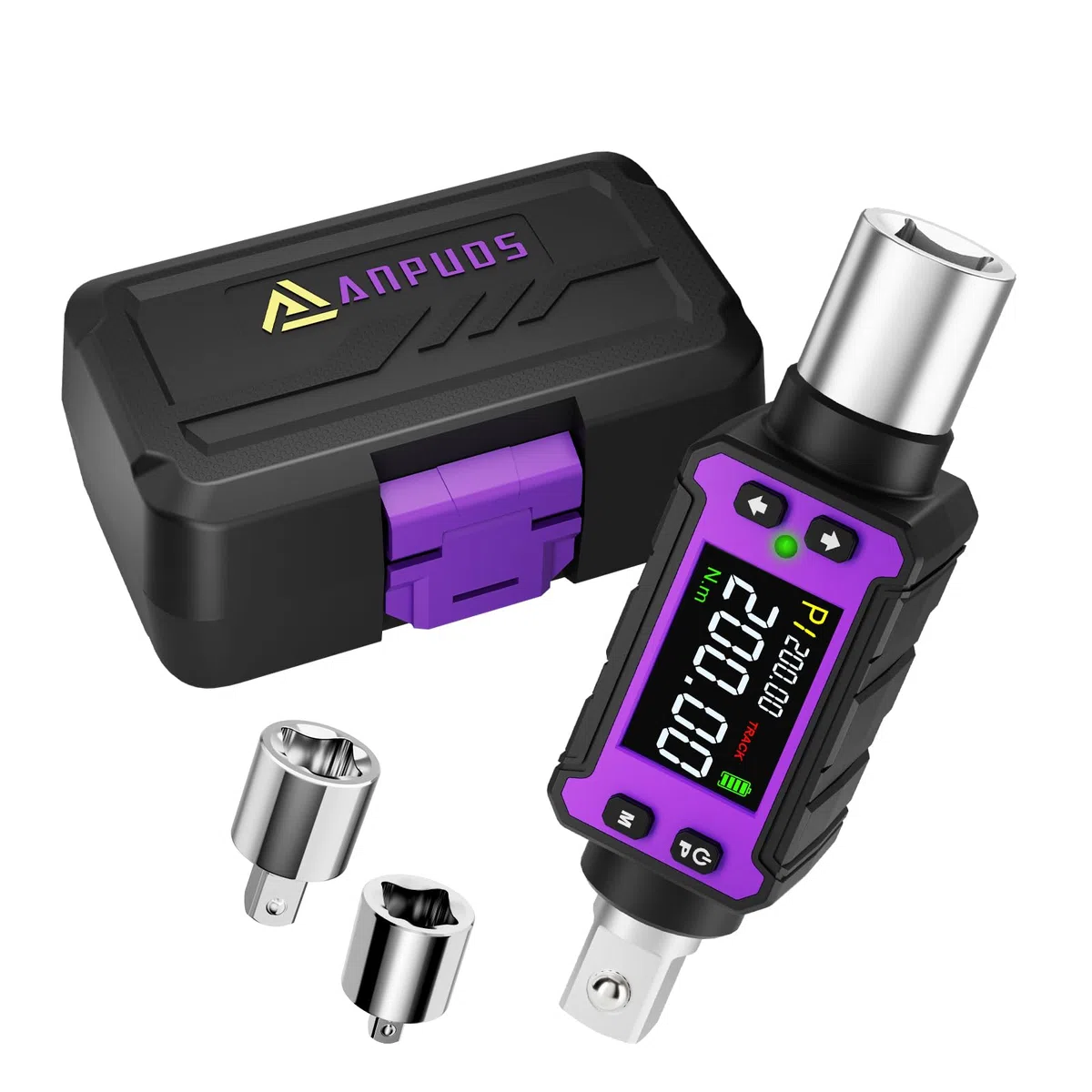 ANPUDS Adaptador de Par Digital 1/2" (4-200 Nm), Alta Precisión ±2%, Llave Dinamométrica Electrónica con Adaptadores 3/8" y 1/4", Medidor de Torque con Pantalla LCD para Coche, Moto y Camioneta