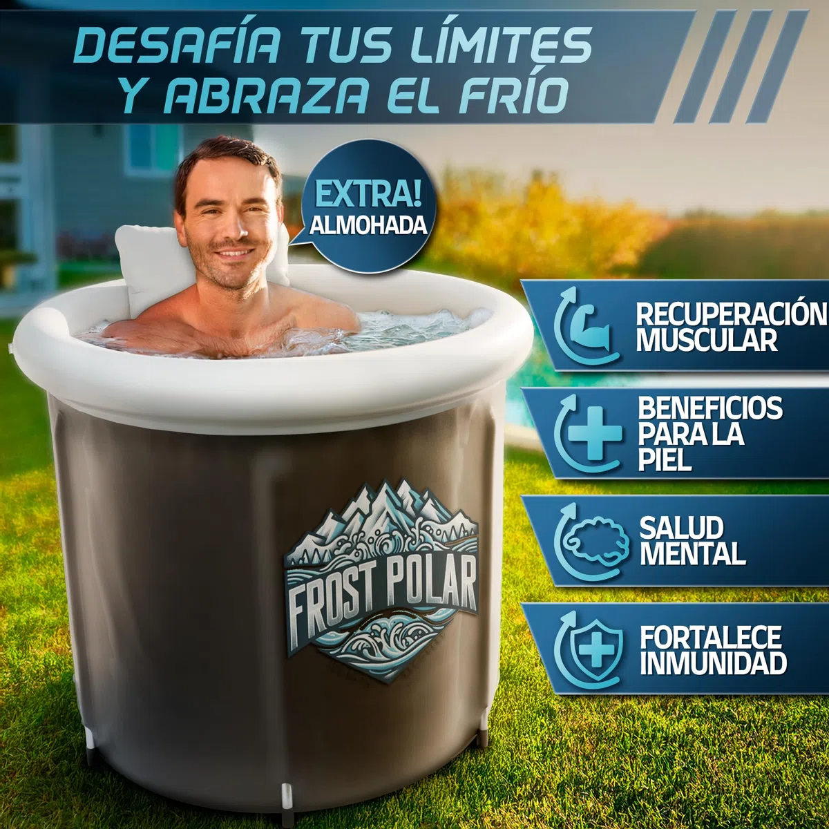 FROST POLAR - Bañera Hielo Recuperacion 350 Litros - Ice Bath 80 cm x 85 cm Soportes de Aleacion de Aluminio - Bañera Agua Fria Incluye, Almohada, Bolsa Almacenaje Impermeable y Recambios.