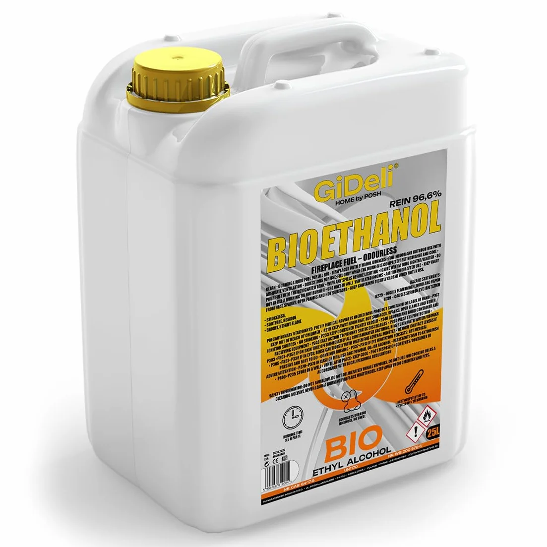 GiDeli Bioetanol 25L Etanol 96,6% Bio Alcohol Inodoro Limpio Quema para chimeneas interiores y exteriores
