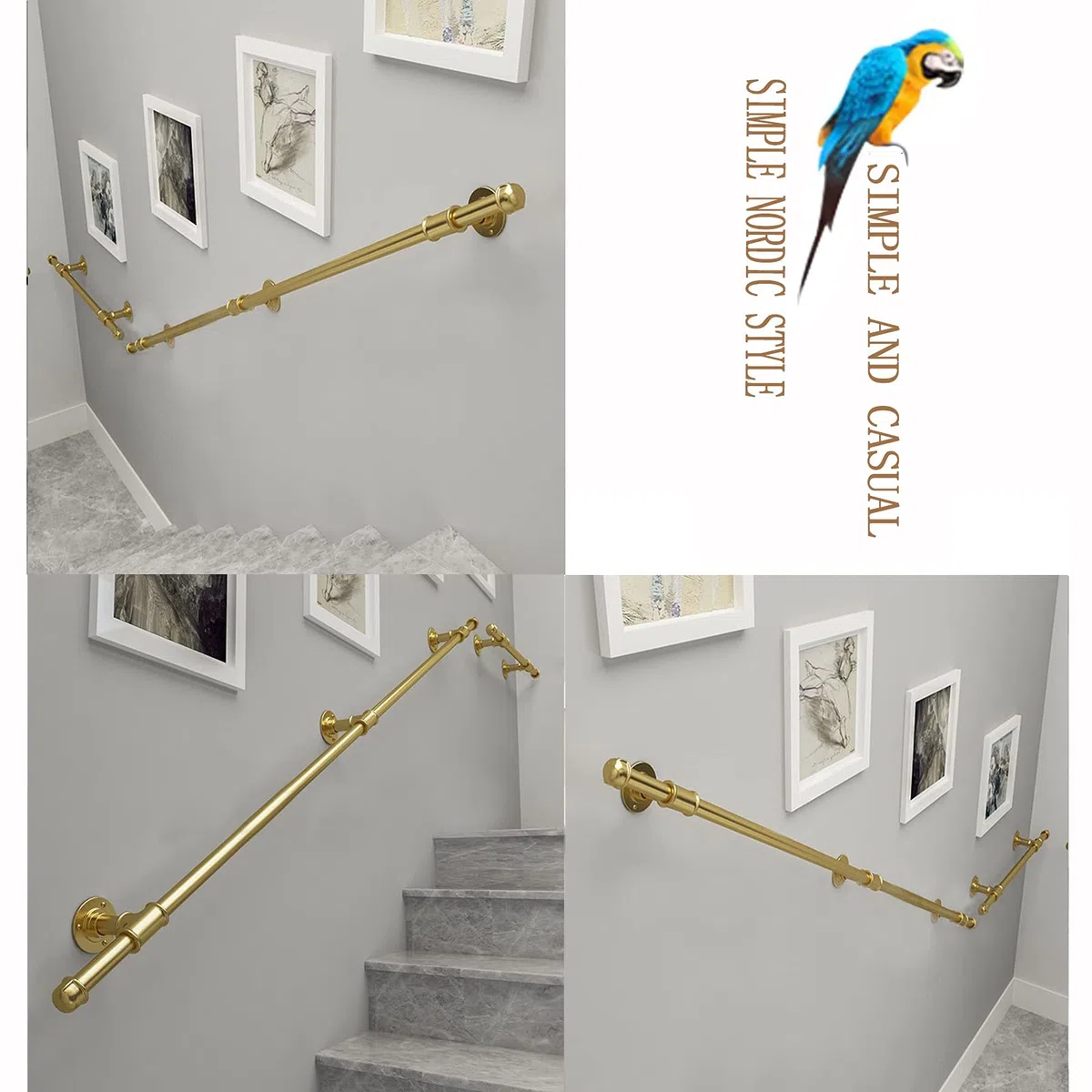 Pasamanos de barandilla de escaleras doradas - Kit completo, Pasamanos de escaleras para interiores y exteriores Barandilla de barra de apoyo, Pasamanos de pasillo de baño Pasamanos con soportes de pa